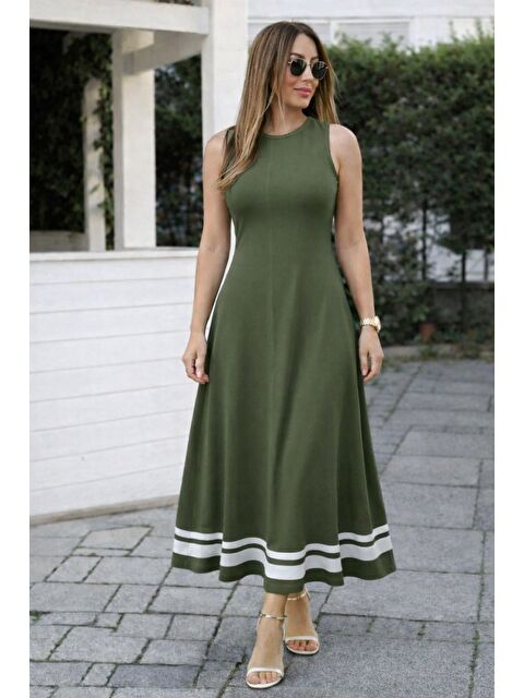 Jane's Kadın Askılı Yuvarlak Yakalı Etek Ucu şerit Detaylı Uzun Viskon Elbise