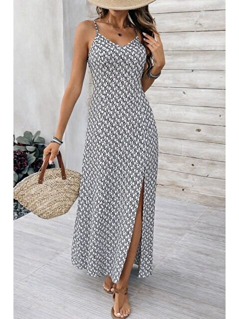 Jane's Kadın Ip Askılı V Yakalı Yırtmaçlı Uzun Süprem Elbise