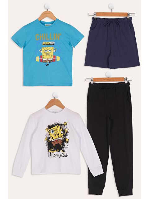 For You Kids 4'lü Sünger Bob Baskı Lacivert Tshirt Şort Pantolon Takım - S000110870-21164