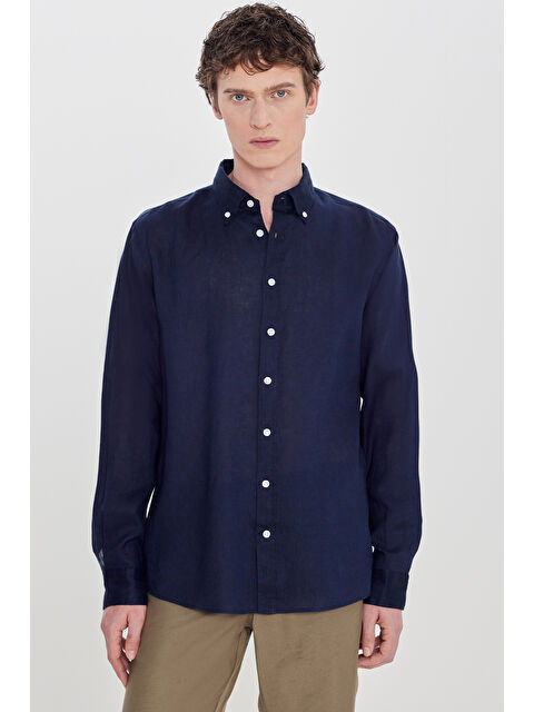 Altınyıldız Classics Erkek Lacivert Comfort Fit Rahat Kesim Düğmeli Yaka Gömlek