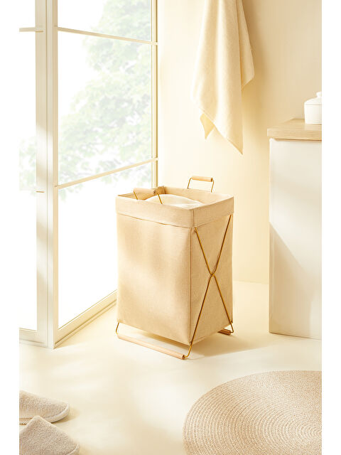 Ocean Home Textile Katlanabilir Metal Destekli Altın Renk Jüt Keten Çamaşır Sepeti 36 x 33 x 60 cm - S000496543-19928