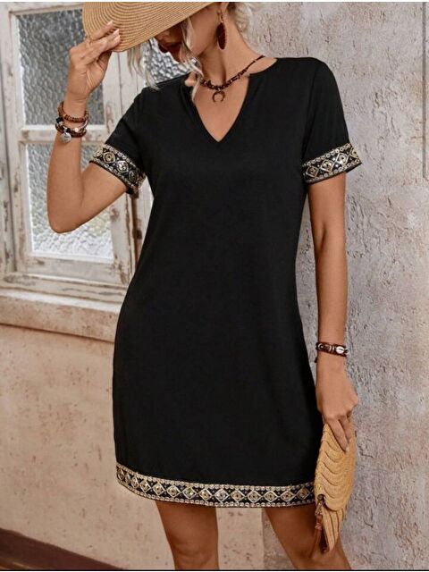 Jane's Şerit Detay V Yaka Yandan Cepli Viskon Elbise