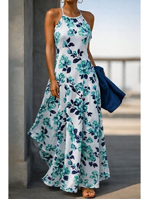 Jane's Kadın Omuzlardan Açık Ip Askılı Desenli Uzun Süprem Elbise