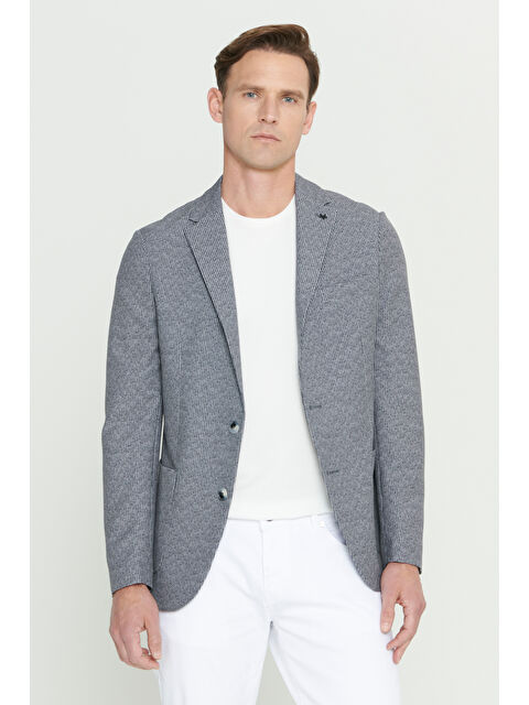 Altınyıldız Classics Erkek Siyah-Beyaz Slim Fit Dar Kesim Mono Yaka Desenli Blazer Ceket