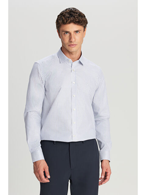 AC&Co / Altınyıldız Classics Erkek Mavi-Beyaz Ütü Gerektirmeyen %100 Pamuk Slim Fit Klasik Yaka Armürlü Gömlek