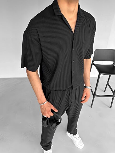 Abluka Online Erkek Oversize Fitilli Küba Yaka Gömlek Siyah - S000240387-19351