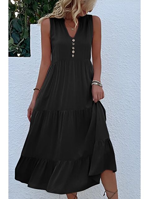 Jane's Kadın Askılı V Yakalı önden Düğmeli Midi Viskon Elbise