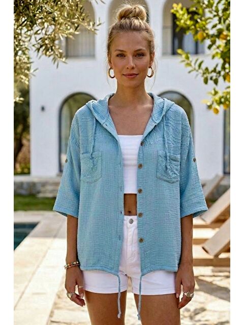 Chiccy Açık Mavi Kapüşonlu Kısa Kol Çift Cepli Brodeli Etek Ucu Bağlamalı Casual Müslin Dokuma Ceket 63 63