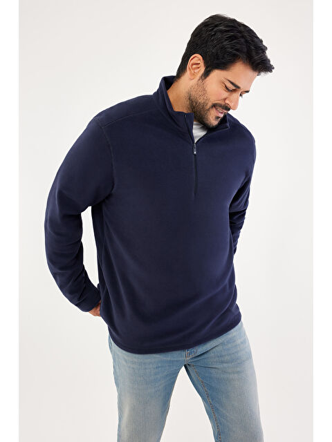 AC&Co / Altınyıldız Classics Erkek Lacivert Anti-Pilling Tüylenme Yapmayan Standart Fit Dik Yaka Polar Sweatshirt