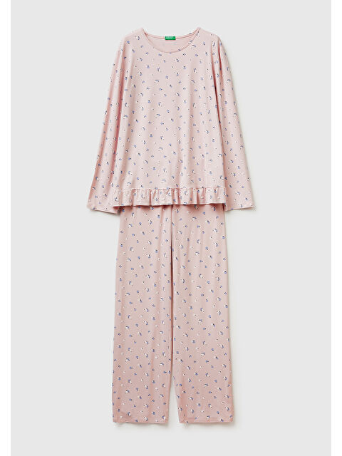 United Colors Of Benetton Kadın Pembe Viskoz Karışımlı Desenli Comfort Fit Pijama Takımı