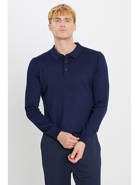 Altınyıldız Classics Erkek Lacivert Yünlü Standart Fit Normal Kesim Polo Yaka Triko Kazak