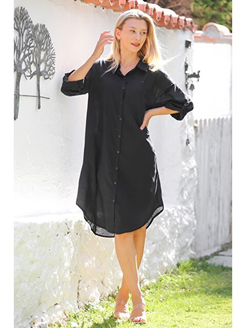 Chiccy Siyah Gömlek Yaka Düğmeli Uzun Kollu Cepli Tavuskuşu Nakışlı Pamuklu Dokuma Casual Elbise - S000343910-19351