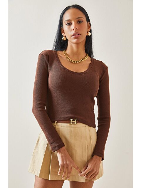 Xhan Kahverengi V Yaka Kaşkorse Bluz 5YXK2-48298-18 - S000161963-19413