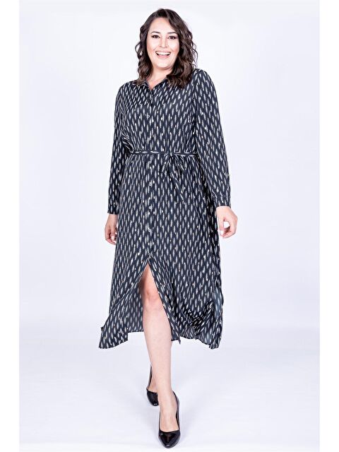 Mylinemoda Kuşaklı Yırtmaçlı Gömlek Elbise - S000239493-19351