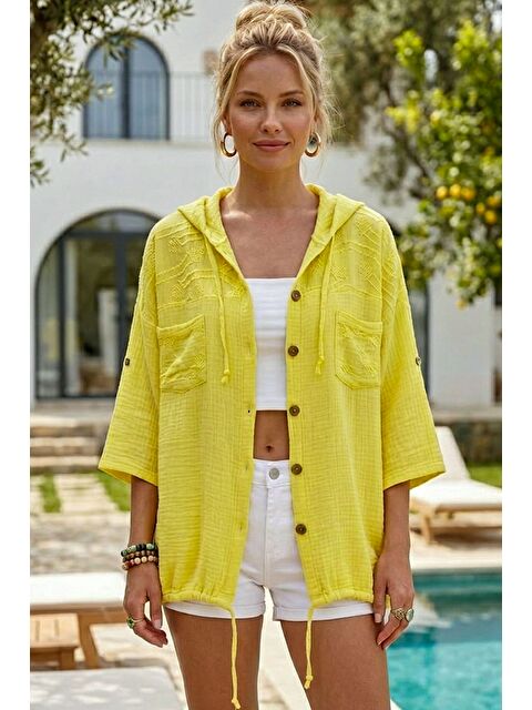 Chiccy Sarı Kapüşonlu Kısa Kol Çift Cepli Brodeli Etek Ucu Bağlamalı Casual Müslin Dokuma Ceket 63 63