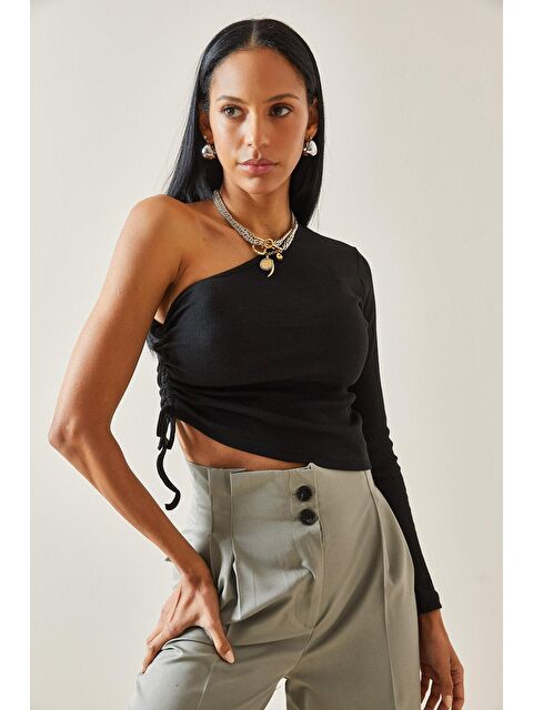 Xhan Siyah Tek Omuz Yanı Büzgülü Kaşkorse Bluz 5YXK2-48296-02 - S000161976-19351