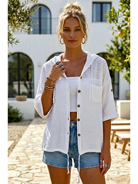 Chiccy Beyaz Kapüşonlu Kısa Kol Çift Cepli Brodeli Etek Ucu Bağlamalı Casual Müslin Dokuma Ceket 63 63