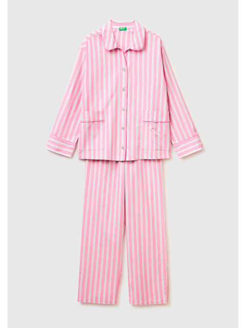 United Colors Of Benetton Kadın Pembe %100 Pamuk Çizgili Cep Detaylı Gömlek Yaka Pijama Takımı