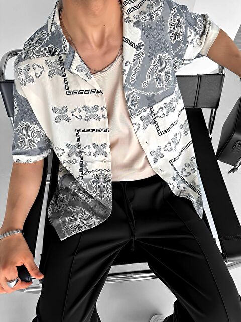 Abluka Online Oversize Motifli Küba Yaka Keten %100 Pamuk Gömlek Siyah - S000240448-19351