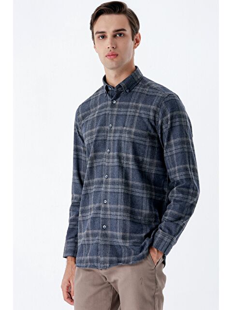 İMZA Koyu Lacivert Uzun Kollu Ekoseli Gabardin Cepli Garnili Casual Comfort Fit Gömlek 1004235111 - S000356752-29672