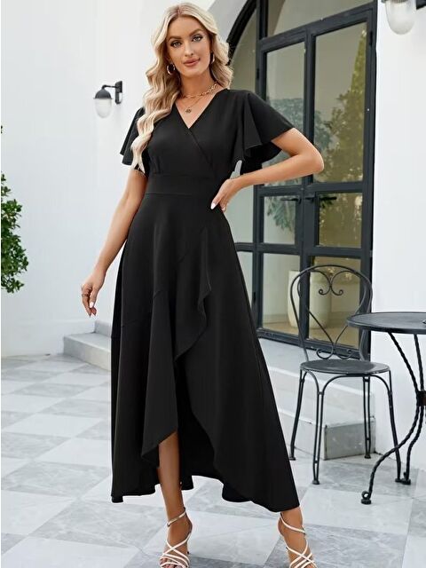 Jane's Kadın Kısa Kollu Kruvaze Yakalı ön Asimetrik Volanlı Uzun Ithal Krep Elbise