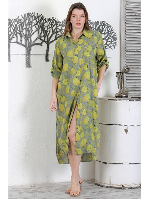 Chiccy İtalyan Pastel Yeşili Düğmeli Uzun Kollu Desenli Çift Cepli Casual Dokuma Yazlık Elbise 130 65 - S000344216-17501