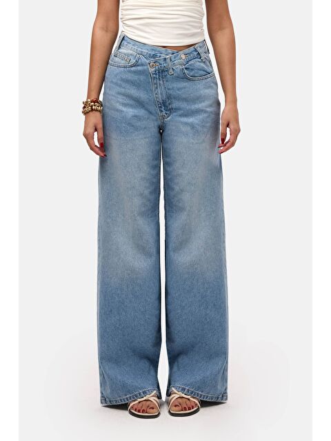 It's Basic Kadın Jean Rengi 2s6-3 Palazzo Baggy Fit Kemer Detaylı Tasarım Denim Jean