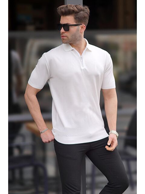 Madmext Beyaz Fermuar Detaylı Polo Yaka Triko Tişört 6885