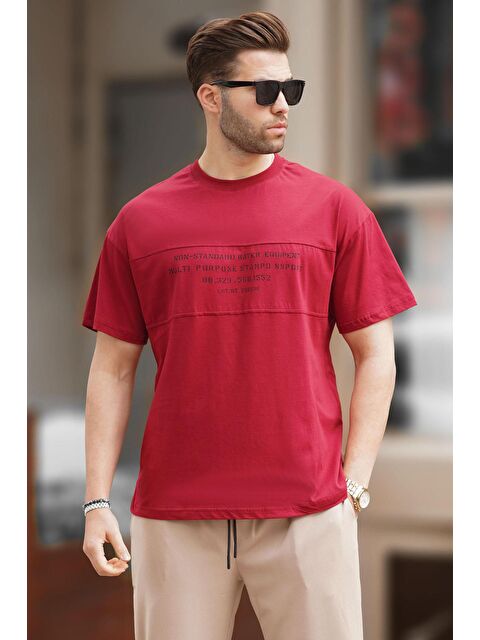 Madmext Bordo Oversize Bisiklet Yaka Baskılı Erkek %100 Pamuk Tişört 7018 - S000206122-19951