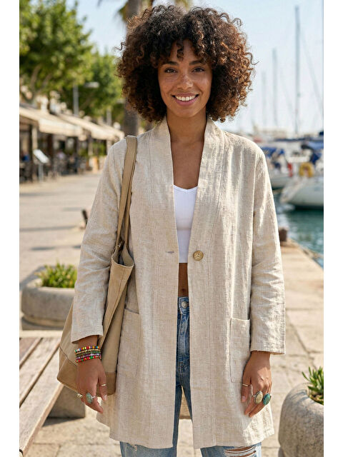 Chiccy Bej Kimono Yaka 3/4 Kol Düğmeli Çift Cepli Casual Flamlı Pamuklu Kumaş Dokuma Ceket 85 60