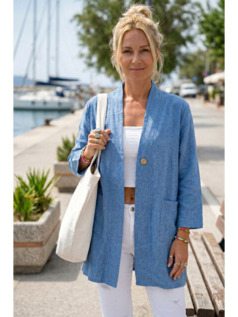 Chiccy Mavi Kimono Yaka 3/4 Kol Düğmeli Çift Cepli Casual Flamlı Pamuklu Kumaş Dokuma Ceket 85 60