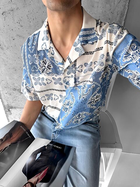 Abluka Online Oversize Motifli Küba Yaka Keten Gömlek Açık Mavi - S000240448-17437