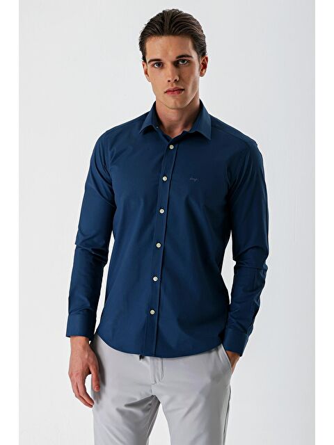 İMZA Petrol Mavi Uzun Kollu Armürlü Cepsiz Pamuklu Elastanlı Slim Fit Dar Kesim Gömlek 1004240193 - S000356754-20019