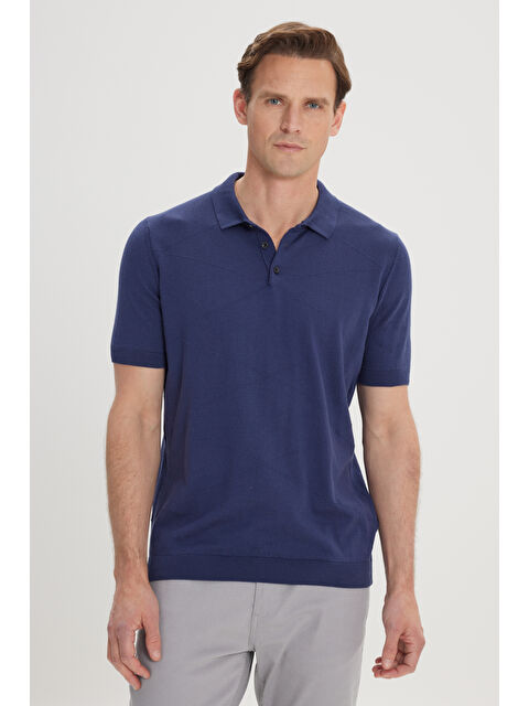 AC&Co / Altınyıldız Classics Erkek Lacivert %100 Pamuk Standart Fit Normal Kesim Jakarlı Kendinden Desenli Polo Yaka Triko Kazak - S000394456-21164