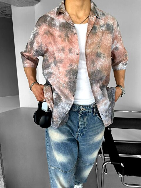 Abluka Online Oversize Apaş Yaka Desenli %100 Pamuk Gömlek Gri - S000240450-20600