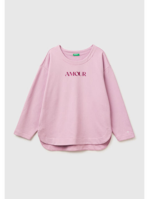 United Colors Of Benetton Kadın Açık Pembe Pamuk Karışımlı Simli Baskılı Yuvarlak Yaka Sweatshirt