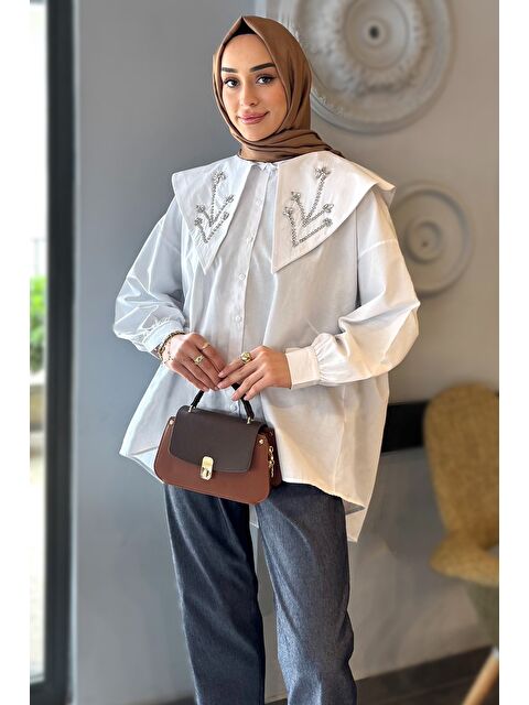 Julude Yaka Taş Detaylı Oversize Tesettür Tunik - S000386588-20063