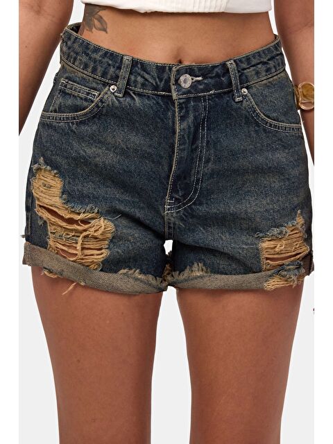 It's Basic Kadın Koyu Jean 10s6 Mini Yırtık Detaylı Denim Şort