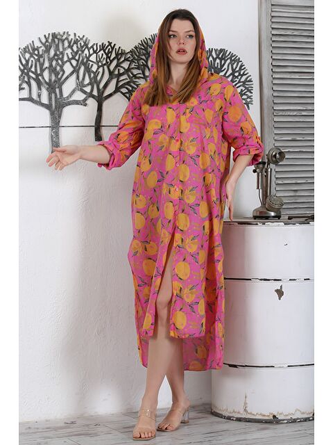 Chiccy İtalyan Gül Kurusu Düğmeli Uzun Kollu Desenli Çift Cepli Kapüşonlu Dokuma Yazlık Elbise 130 65 - S000344217-20036