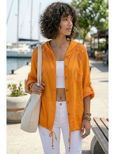 Chiccy Turuncu Uzun Kol Arkası Yıldız Desenli Omuzları File Ve Yıldız Detaylı Casual Dokuma Ceket 70 65