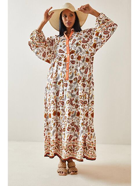 Xhan Turuncu Çiçek Desenli Balon Kol & Düğmeli Maxi Elbise 5YXK6-48258-11 - S000161953-20013