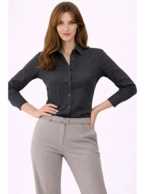 Jane's Uzun Kollu Gömlek Düğmeli Klasik Yaka Günlük Ve Ofis Şıklığına Uygun - Füme