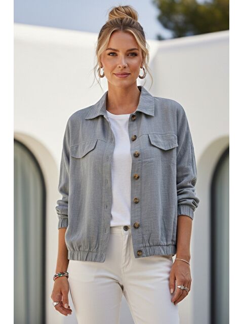 Chiccy Gri Gömlek Yaka Manşetli Kollu Çift Kapaklı Cepli Casual Keten Görünümlü Dokuma Ceket 65 65