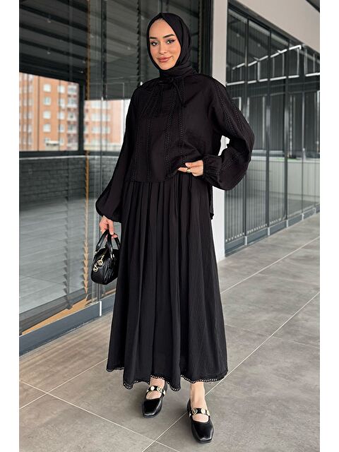 Julude Yaka Bağlamalı Balon Kol Fistolu Bluz Etek Tesettür İkili Takım - S000386590-19351