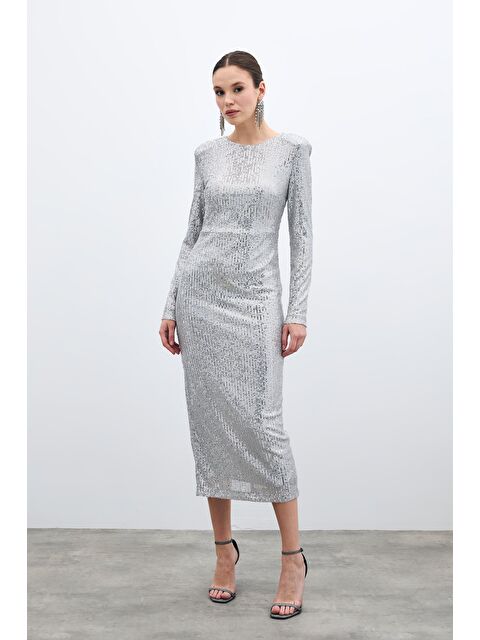 SATEEN Sırt Dekolteli Payet Elbise - Gümüş - S000339256-18105