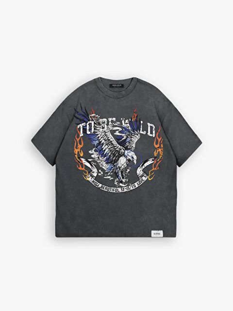 Abluka Online Erkek Oversize %100 Pamuk Yıkamalı To Be Wild Baskılı Tişört Koyu Gri - S000178831-29351