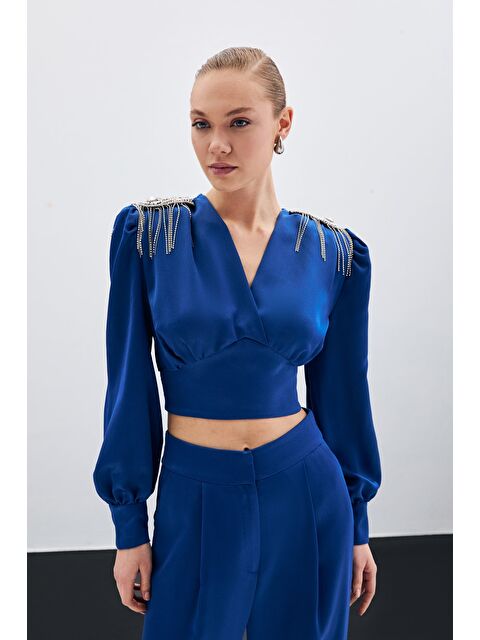 SATEEN Omuz Aksesuarlı Kısa Bluz - İndigo - S000339257-23093