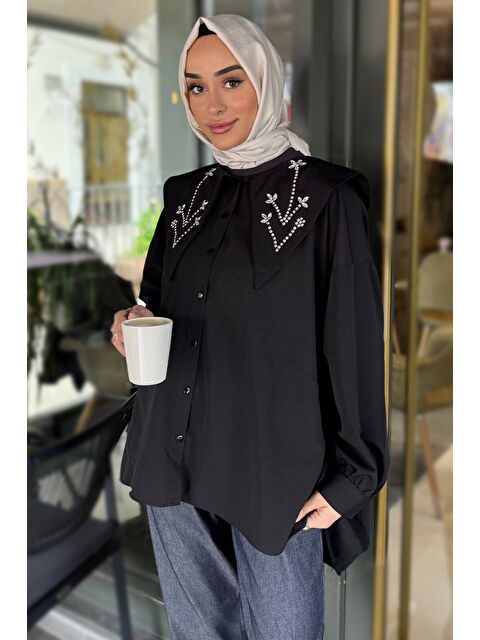 Julude Yaka Taş Detaylı Oversize Tesettür Tunik - S000386588-19351