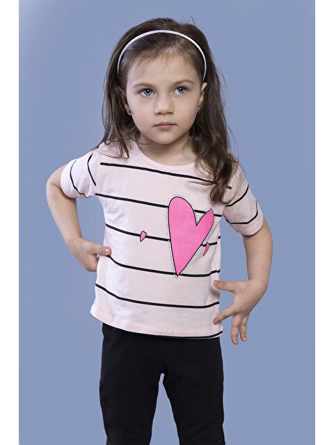 Toontoykids Kız Çocuk Çizgli Kalp Baskılı Taş İşlemeli Tişört