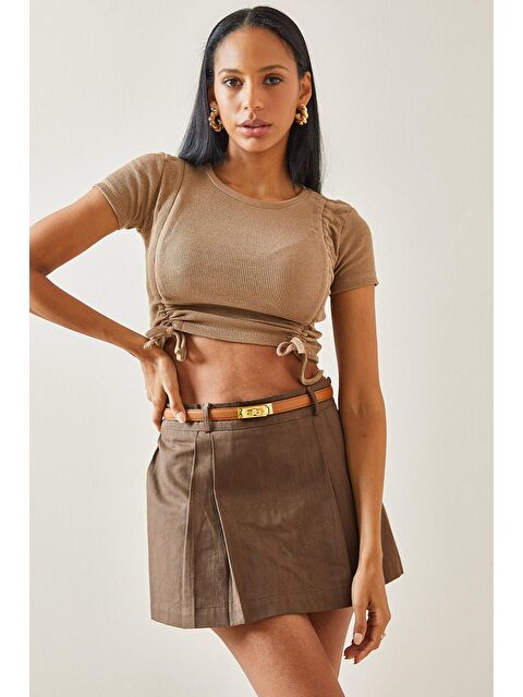 Xhan Kahverengi Çift Büzgülü Kısa Kol Bluz 5YXK2-48280-18 - S000161984-19413